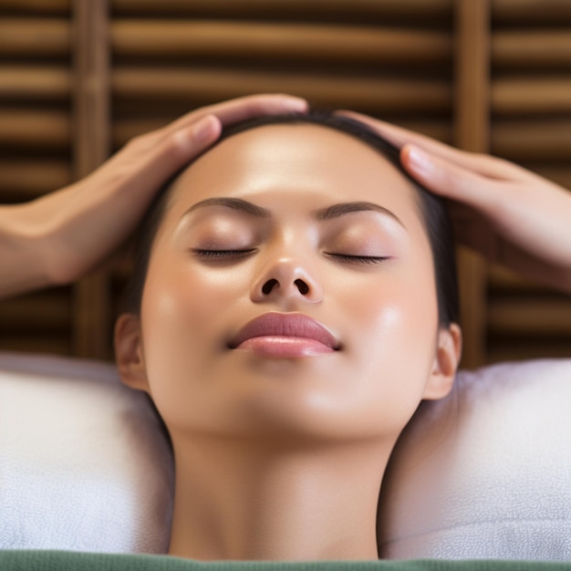 Photo relaxed asian woman enjoying facial massage spa