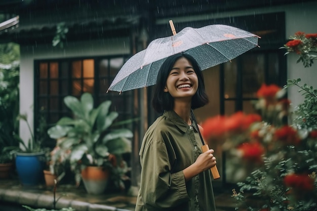 편안한 아시아 여성은 아름다운 전통 가운데 신선한 비를 즐기고 미소 짓고 있습니다.