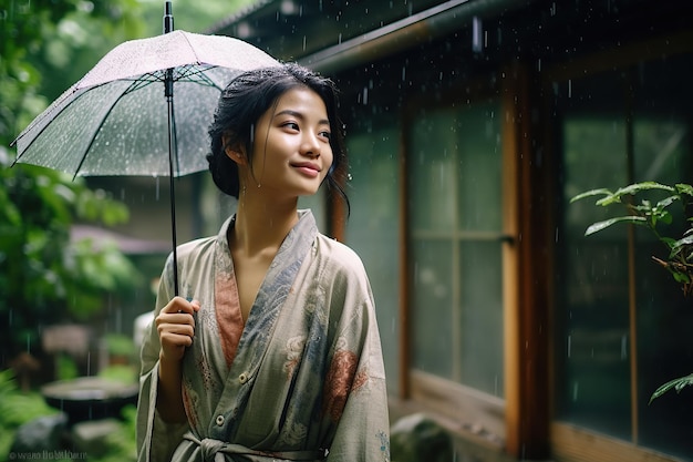 Relaxed Asian woman enjoying and smiling in the fresh rain amid beautiful traditional