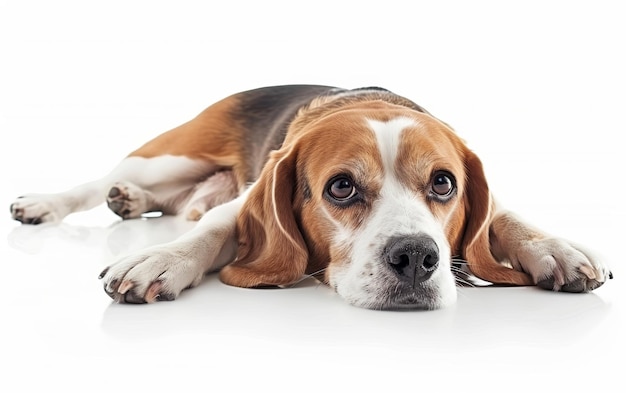 Photo a relaxed beagle lies down looking content and at ease suitable for comforting petrelated visuals