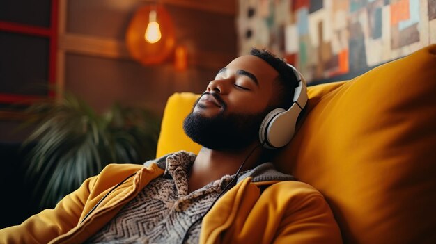 relaxed boy with headphones listening to music on a sofa