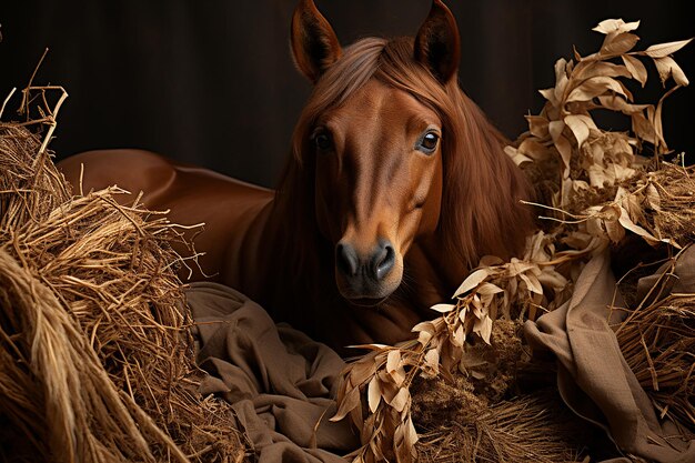 Photo relaxed brown horse on a subdued background