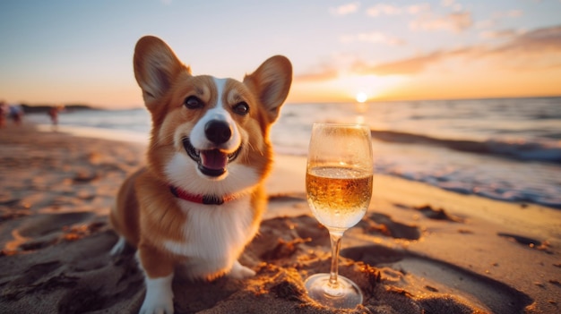 A relaxed Corgi sits on the seashore savoring a cocktail like a seasoned traveler enjoying a serene beach moment in style generated ai