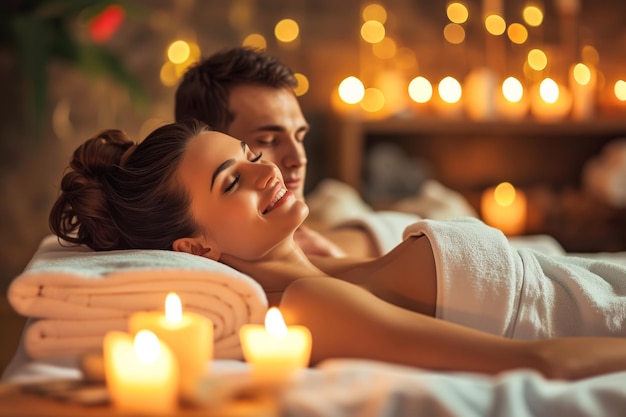 Relaxed couple in love enjoying a serene moment among candles
