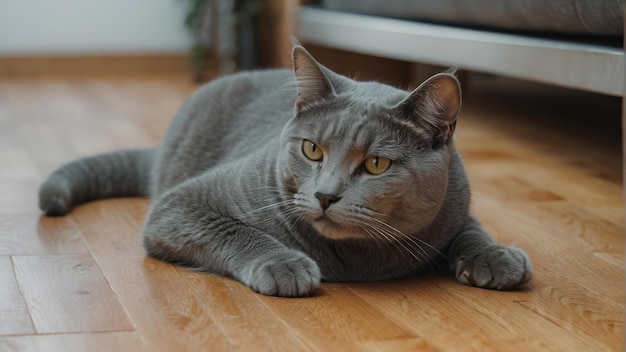 Relaxed domestic cat lying on wooden floor