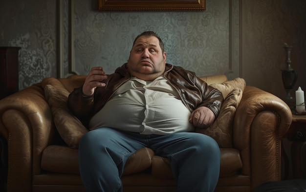 A relaxed fat man on a leather sofa holding a remote control in a room with elegant wallpaper