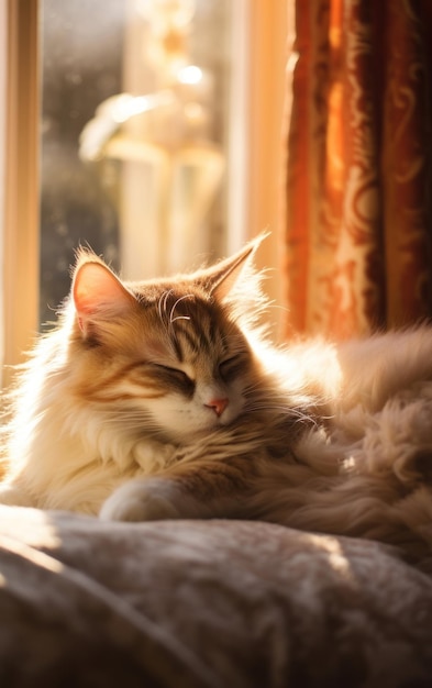 편안 한 고양이 가 창문 시야 를 즐기고 있다