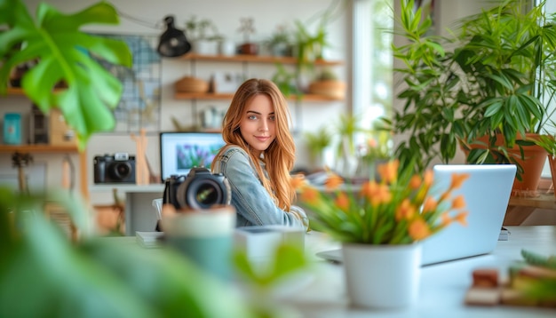 Relaxed female photographer with her camera in the office