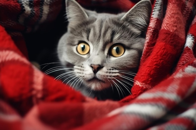 Relaxed gray cat in cozy Christmas setting