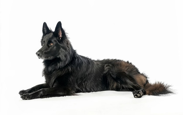 Relaxed Groenendael dog lying down its luxurious black coat and calm disposition against a stark white setting