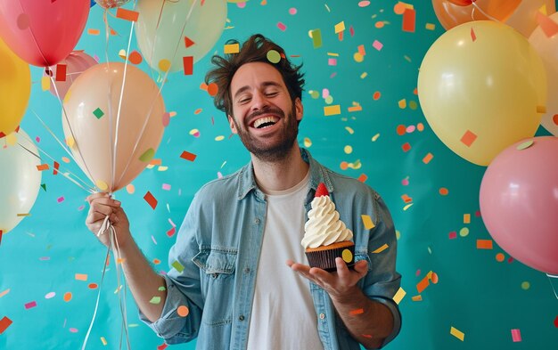 Photo relaxed happy birthday guy looking cheerful smiling holding a birthday cake and baloons