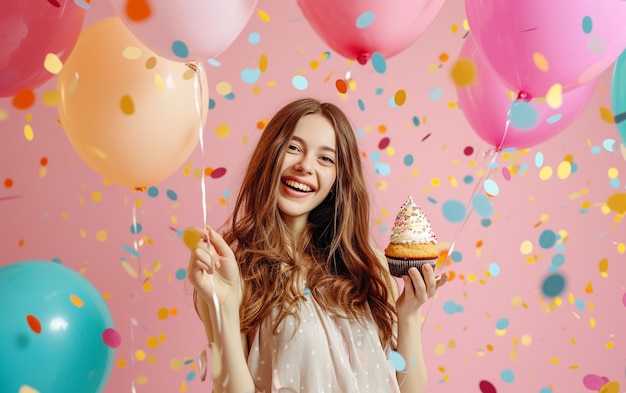ゆっくりと誕生日おめでとう 女性は愉快に笑顔を浮かべて 誕生日ケーキとバルーンを握っています