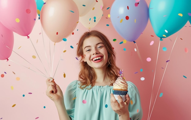 Relaxed happy birthday Women looking cheerful smiling holding a birthday cake and baloons