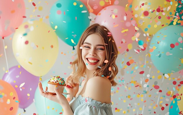 Relaxed happy birthday Women looking cheerful smiling holding a birthday cake and baloons