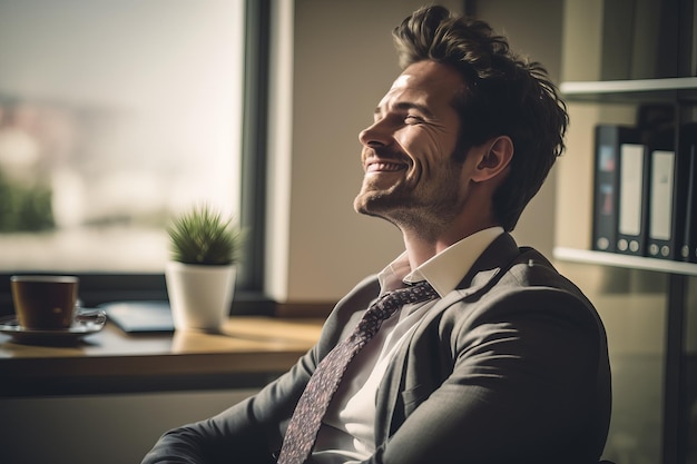 Relaxed happy businessman worker lounge at desk meditating