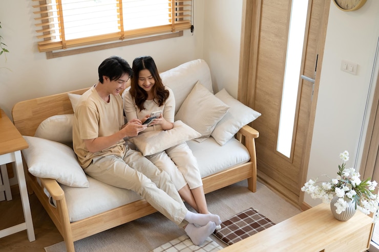 Photo カウチで携帯電話を使っているカジュアルな服を着たリラックスした幸せなカップル