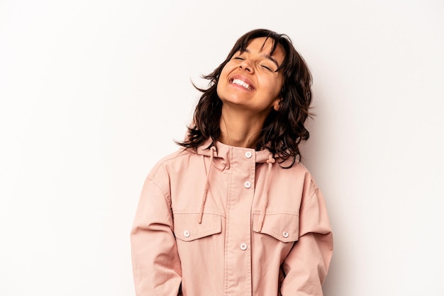 Relaxed and happy laughing neck stretched showing teeth