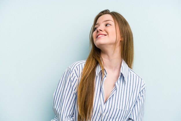 Relaxed and happy laughing neck stretched showing teeth