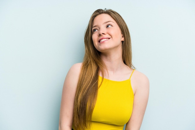 Relaxed and happy laughing neck stretched showing teeth