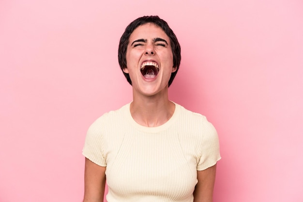 Relaxed and happy laughing neck stretched showing teeth