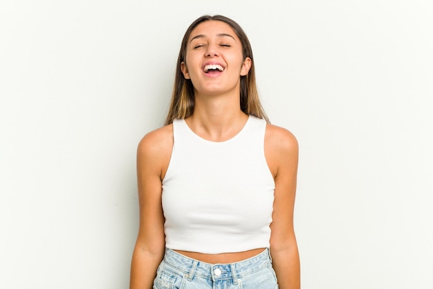 Relaxed and happy laughing neck stretched showing teeth