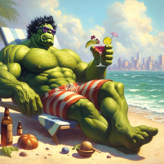 Relaxed Hulk in bath clothes drinking a cocktail on the beach