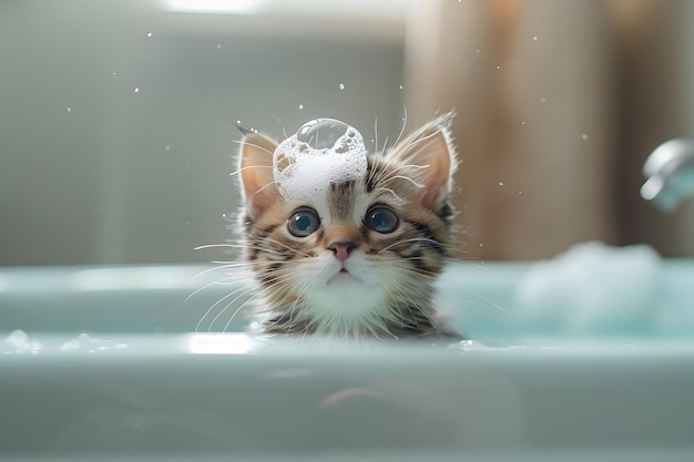 Relaxed Kitten Taking a Soapy Bath in the Tub A Surreal