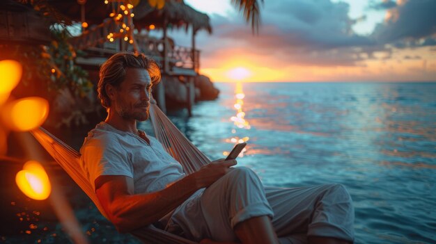 Foto uomo rilassato in un'amaca vicino al mare al tramonto che usa lo smartphone