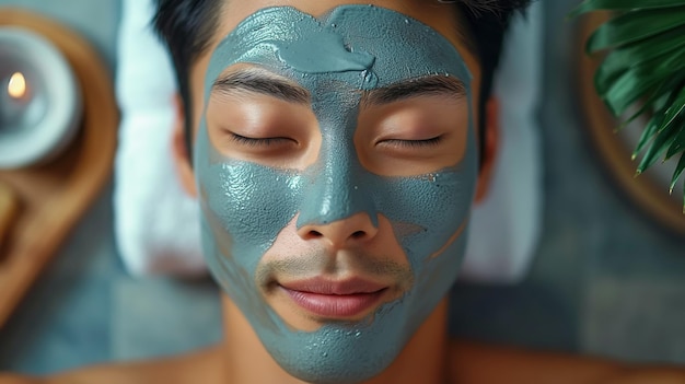 Relaxed man indulging in spa day with rejuvenating facial clay mask