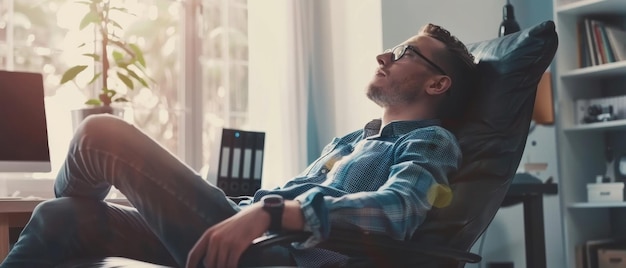 Relaxed man reclining in a chair enjoying a break with sunlit room behind