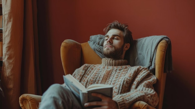 Расслабленный мужчина, лежащий на стуле с книгой в руке.