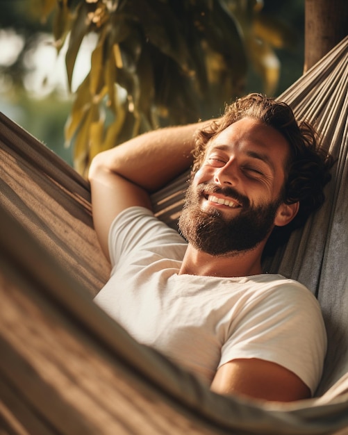 A Relaxed man rests lying in a hammock