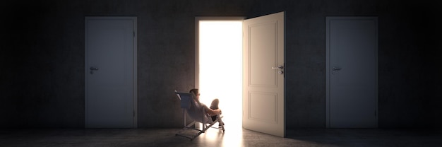 relaxed man with open door 3d rendering