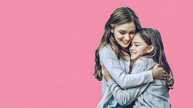 Relaxed preteen girl embracing with mother winsome young mom kissing daughter on pink background