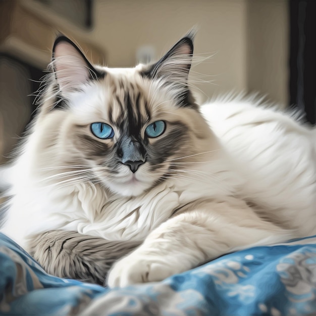 Расслабленный кот Ragdoll на плюшевой кровати