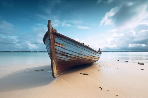 Relaxed seafaring Old wooden boat graces white beach under cloudy skies