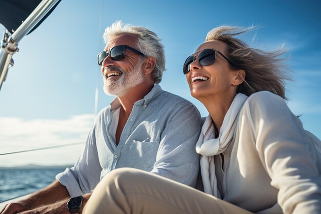 Relaxed of senior couple sailing luxury yacht