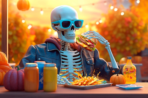 Relaxed Skeleton eating burger and french fries