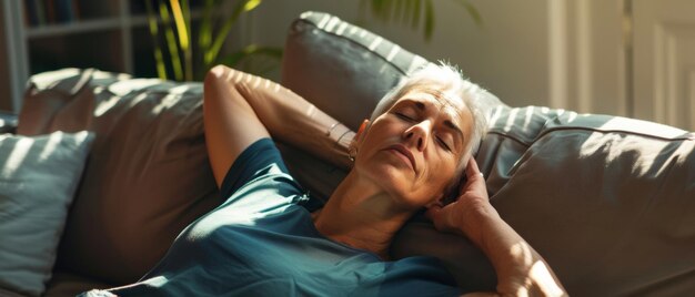 Relaxed woman enjoying a peaceful nap in a sunlit living room