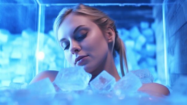 Relaxed woman enjoying a rejuvenating ice bath onsen ai generative