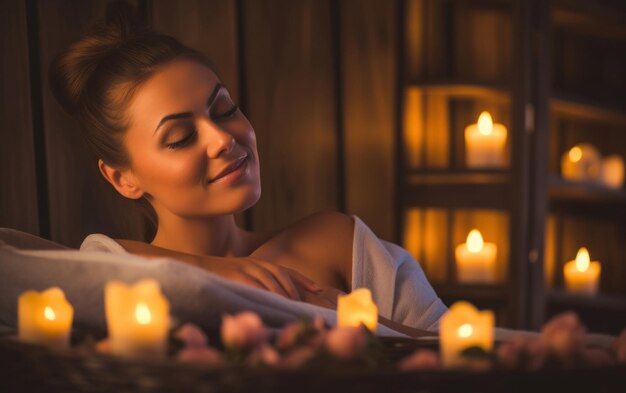 Relaxed woman enjoying a spa with candles in the background