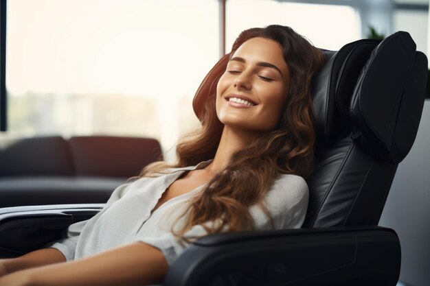 A relaxed woman is sitting in a massage chair with her eyes closed hypnosis session