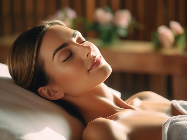 Relaxed woman lying on spa bed for facial and head massage spa treatment by massage therapist