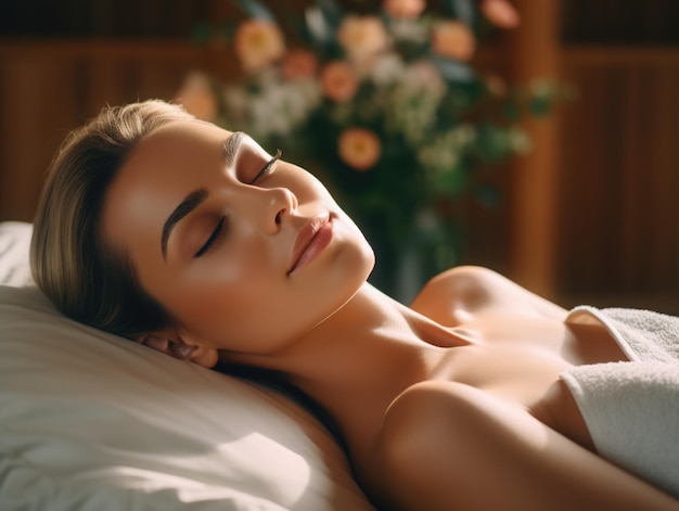 Relaxed woman lying on spa bed for facial and head massage spa treatment by massage therapist