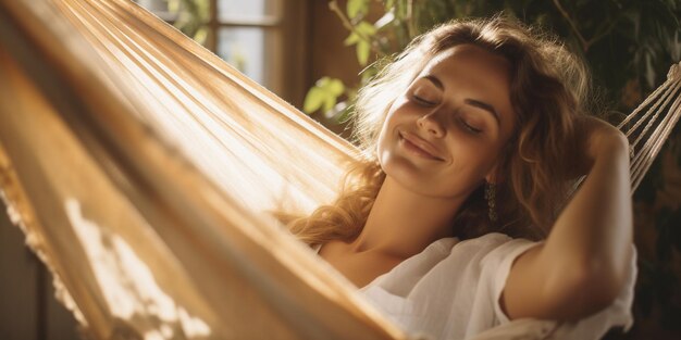 Photo a relaxed woman rests lying in a hammock