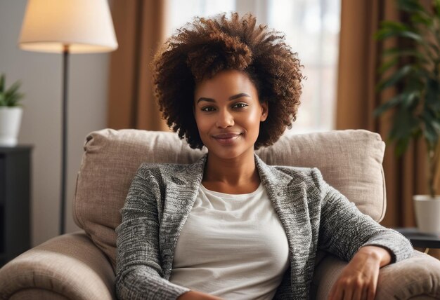 A relaxed woman sits in a cozy living room a serene moment reflecting a comfortable home environment