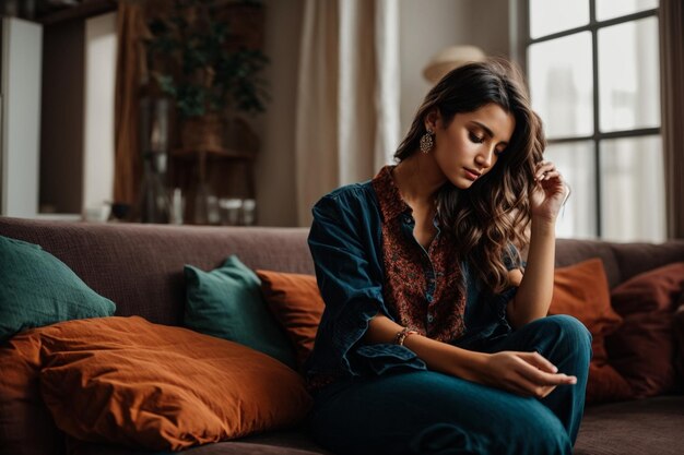 Relaxed woman on sofa contemplating happy cozy living room comfortable furniture