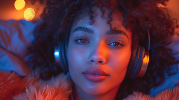 Relaxed Woman with Headphones in Neon Glow