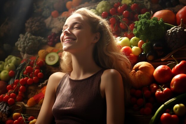 Relaxed woman with healthy food in the room with plants