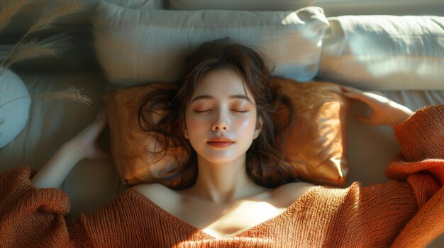 Relaxed Young Asian Woman Resting Peacefully in Golden Afternoon Light